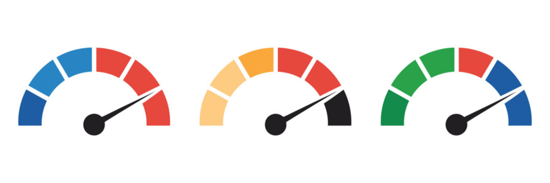 Speedometer color icon set with low, medium, and high meter symbols, ideal for performance tracking
