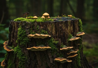 Fototapeta premium Close view of a rotting wooden tree stump overtaken by colorful mushrooms and dense moss, illustrating forest decomposition ,woodland ,circle ,decomposition