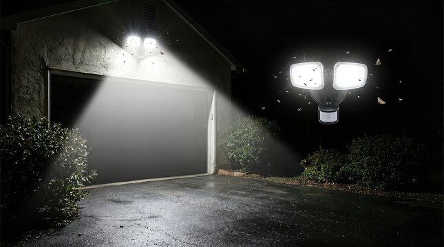 Bright security lamp illuminating a garage driveway at night. Outdoor LED flood light with motion sensor technology for home safety.