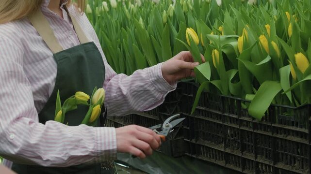 Gardener carefully tending to rows of yellow tulips in a greenhouse setting