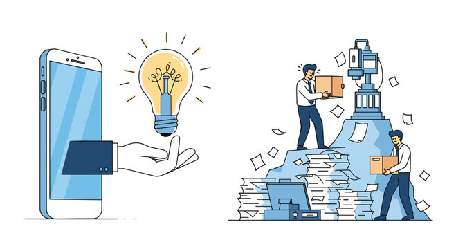 Hand coming out of a phone holding a light bulb next to a scene of office workers processing a mountain of paperwork.