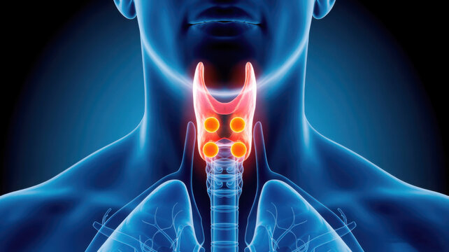 Anatomical thyroid gland illustration, glowing parathyroid glands on human neck, medical visualization of endocrine system and hormone health