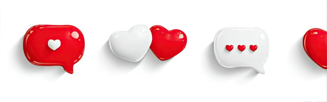 Several speech bubbles & hearts in red, white. Bright, simple, glossy design