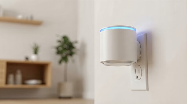White cylindrical smart speaker with blue light plugged into an electrical outlet. Modern intelligent home automation device for smart living.