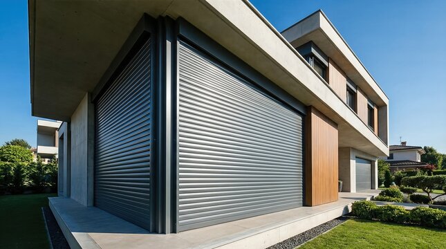 Modern house facade with closed aluminum roller shutters. Architectural design providing security and energy efficiency for building exterior.