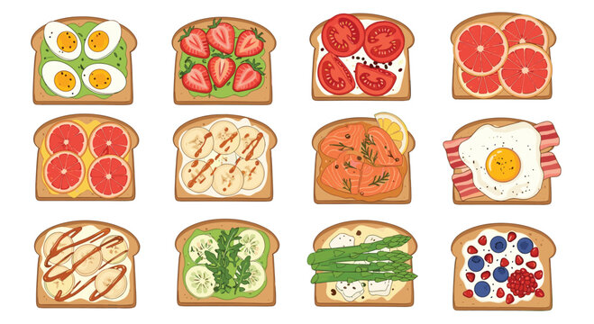 Collection of twelve healthy bread slices with different toppings like egg, fruit, salmon, tomato, and vegetables.