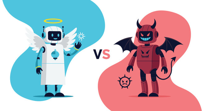 Confrontation between an angel-like good robot and a devil-like evil robot representing the duality of artificial intelligence.