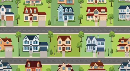 Naklejka premium Detailed seamless pattern background of a suburban neighborhood with various colorful houses, trees, and roads.