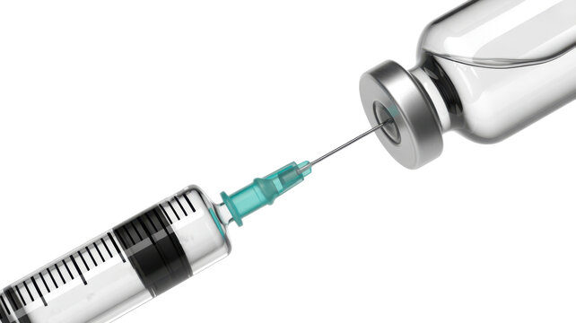 Medical syringe drawing liquid from glass vaccine vial, sterile hypodermic needle and injectable medicine bottle, healthcare immunization concept