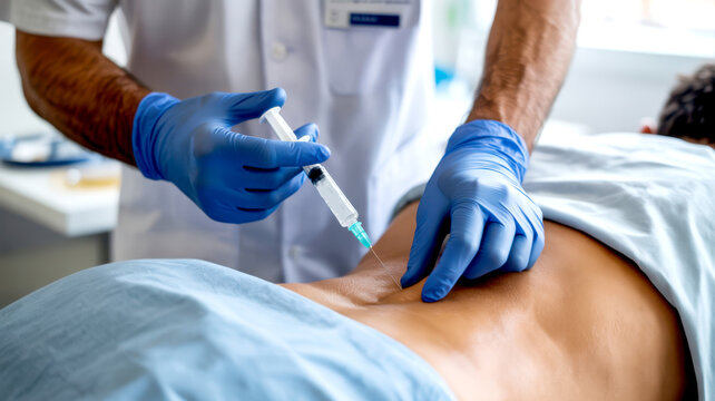 Medical professional in blue gloves administering an injection to a patient's lower back in a clinic
