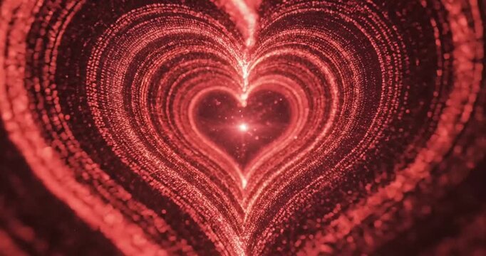 Abstract representation of a glowing red heart shape with sparkling particles in a dark background