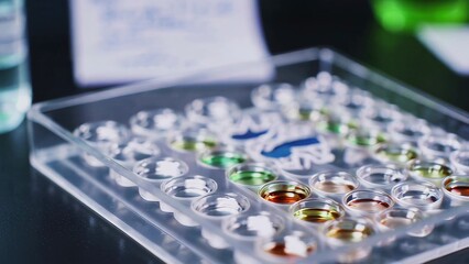 Obraz premium A Close-Up View of a Transparent Testing Plate with Various Colored Samples in Wells, Highlighting Scientific Experimentation and Analysis