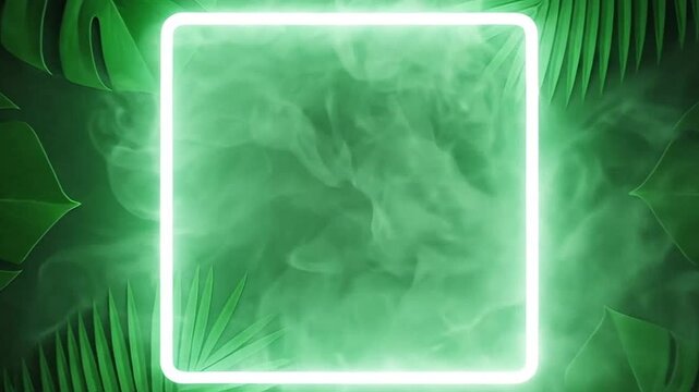 Glowing square frame with green smoke surrounded by lush tropical leaves on a dark background