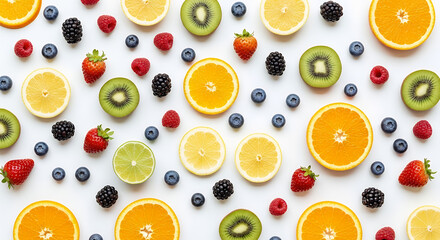 Vibrant fruit medley with oranges, berries, and kiwi on white
