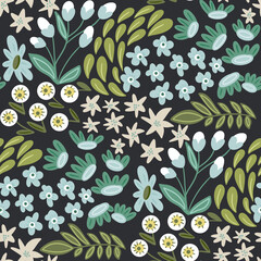 Cotton fabric Seamless pattern featuring hand drawn folk style wildflowers and botanical leaves on a dark charcoal background for textile and wallpaper