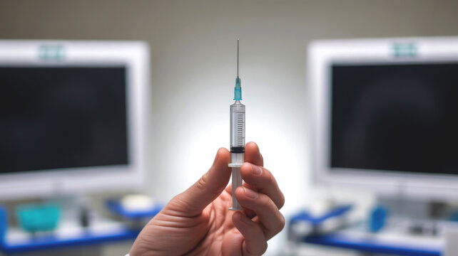 Close-up of a hand holding a medical syringe with needle, ready for injection or vaccination in a clinic