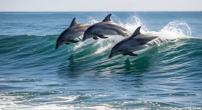 Three dolphins jumping out of the ocean waves in unison