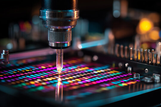 Close-up of a DNA sequencing machine, emphasizing the advancements in biotechnology and genetics