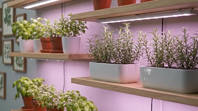 Various potted herbs and plants are displayed on illuminated shelves on a wall