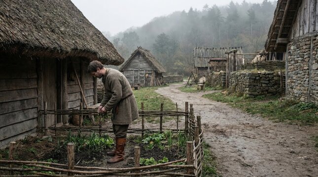 Man farmer tending to crops in a small garden patch outside a country old house. Historical homestead organic farming and simple living concept.