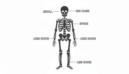Human skeleton structure with labels. Flat vector illustration of anatomical bones. Medical infographic design isolated on white background