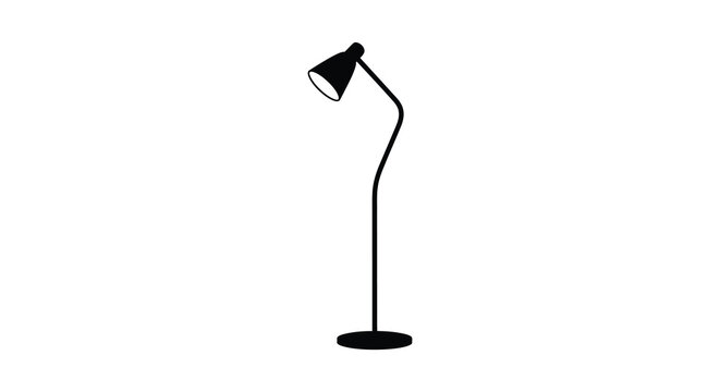 A minimalist illustration of a black arc floor lamp against a plain white background high quality