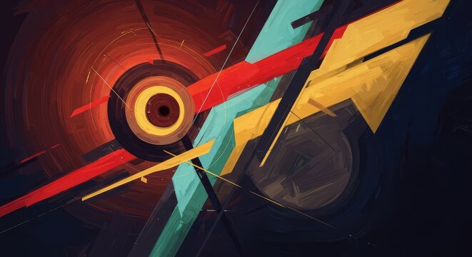 Dynamic non-objective abstract painting with bold strokes, vivid hues, and geometric shapes suggesting chaotic movement and depth ,abstractionism ,oil ,design