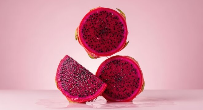 Sliced dragon fruit stacked against a pink background