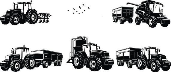 Agricultural Tractor And Combine Harvester With Grain Trailer Farming Machinery Equipment Silhouette Vector Illustration Set © Nayan Stock
