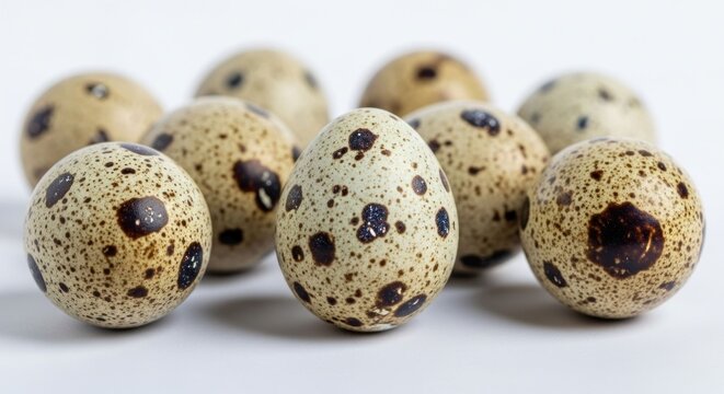 Speckled quail eggs, beige and brown, on a white surface