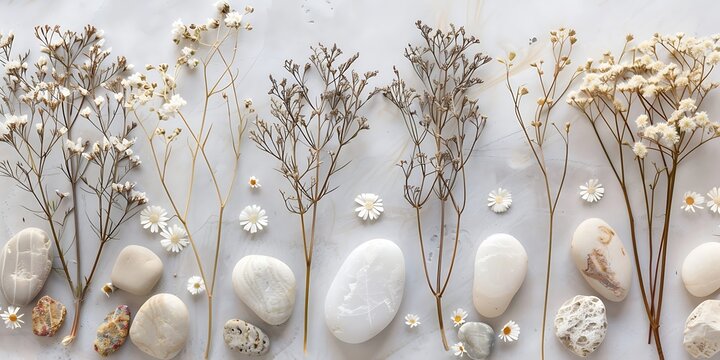 Serene arrangement of white stones and dried flowers on a clean background
