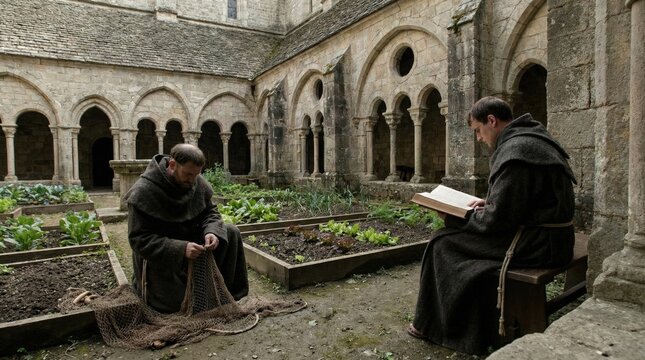 Two men monks in cloister of a medieval monastery. One man reading a book, other man repairing a fishing net for medieval lifestyle concept.