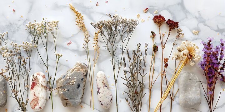 Beautiful arrangement of dried flowers and stones on marble surface