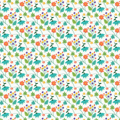 Seamless floral pattern with colorful flowers and leaves on white background