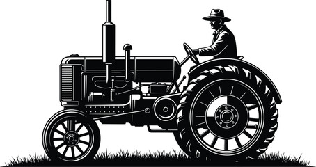 Vintage Farmer Driving Tractor Silhouette Rural Agriculture Machinery Farming Equipment Retro Farm Vehicle Black Vector Illustration Isolated © Nayan Stock