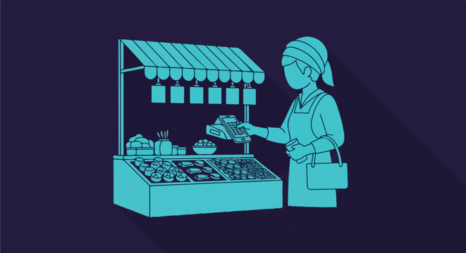 Woman selling fresh produce at a market stall, illustration in a clean, modern style with turquoise blue outline and shadow on dark background.