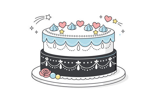 Pastry decoration details. Finished cake displayed with delicate icing patterns and small ornaments. Clean presentation with emphasis on detail and balance.