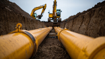 New yellow pipes are carefully installed in a deep trench for essential infrastructure development. © design goodie