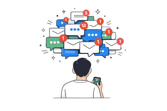 Stacked unread notifications. Floating message icons and alert bubbles cluster above a person?s device, suggesting buildup of unchecked updates. The mood is