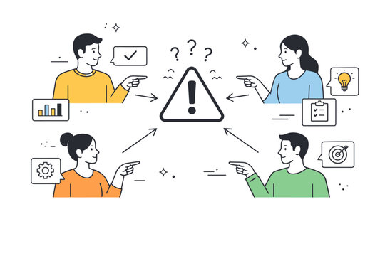 Responsibility avoidance. One problem icon sits in the center while people redirect attention to others with calm gestures. Quiet tension expressed through