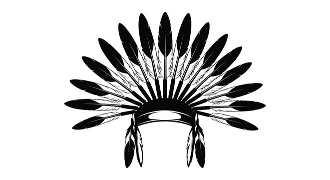 A black and white illustration depicts a traditional native american feathered war bonnet headdress high quality