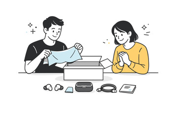 Product unboxing with people. Two people sharing an unboxing experience, friendly interaction and quiet excitement. Open box, tissue paper, and product parts
