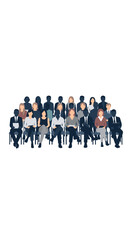 Naklejka premium A diverse illustrated group of twenty-two people sits uniformly in four rows of chairs, all facing forward in a clean, professional setting.