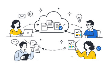 Cloud collaboration. People exchanging documents that gently move into a central cloud, then flow back updated to everyone. Smooth cooperation and clarity.
