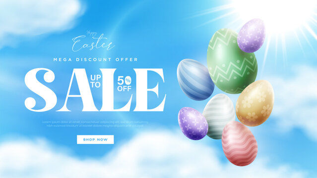 Easter sale clipart poster design. Happy easter sale text with egg, colorful eggs for holiday shopping discount. Happy Easter Day Sale banner design.