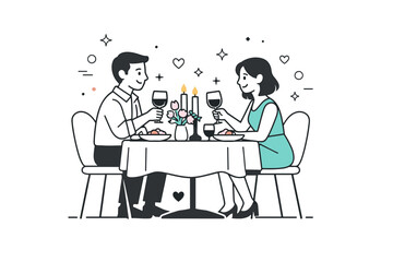 Fototapeta premium Spring anniversary dinner. A small table with candles, flowers, and two people enjoying a quiet meal together. Intimate celebration, soft emotions, seasonal