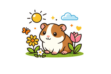 Fototapeta premium Spring pets outdoors small pet enjoying sunshine with flowers and gentle decorative elements, conveying warmth, care and seasonal happiness. Minimalist flat