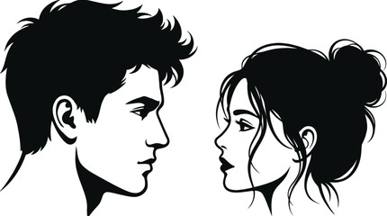 Man and woman face to face silhouette, romantic couple profile vector illustration in black and white minimalist style © Liton Roy