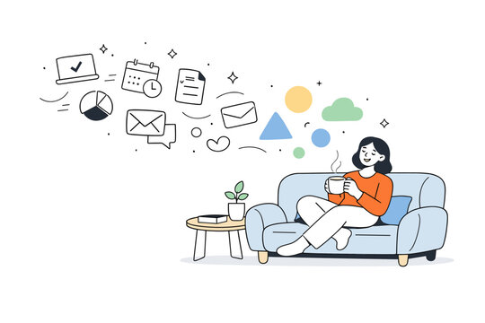 Workday ending scene. Person sitting comfortably on a sofa with a cup of tea, work symbols drifting away into abstract shapes. Peaceful rest, balance, and