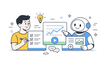Human and AI collaboration. A person and a simple abstract AI interface working together on shared digital panels. Friendly cooperation and trust between human